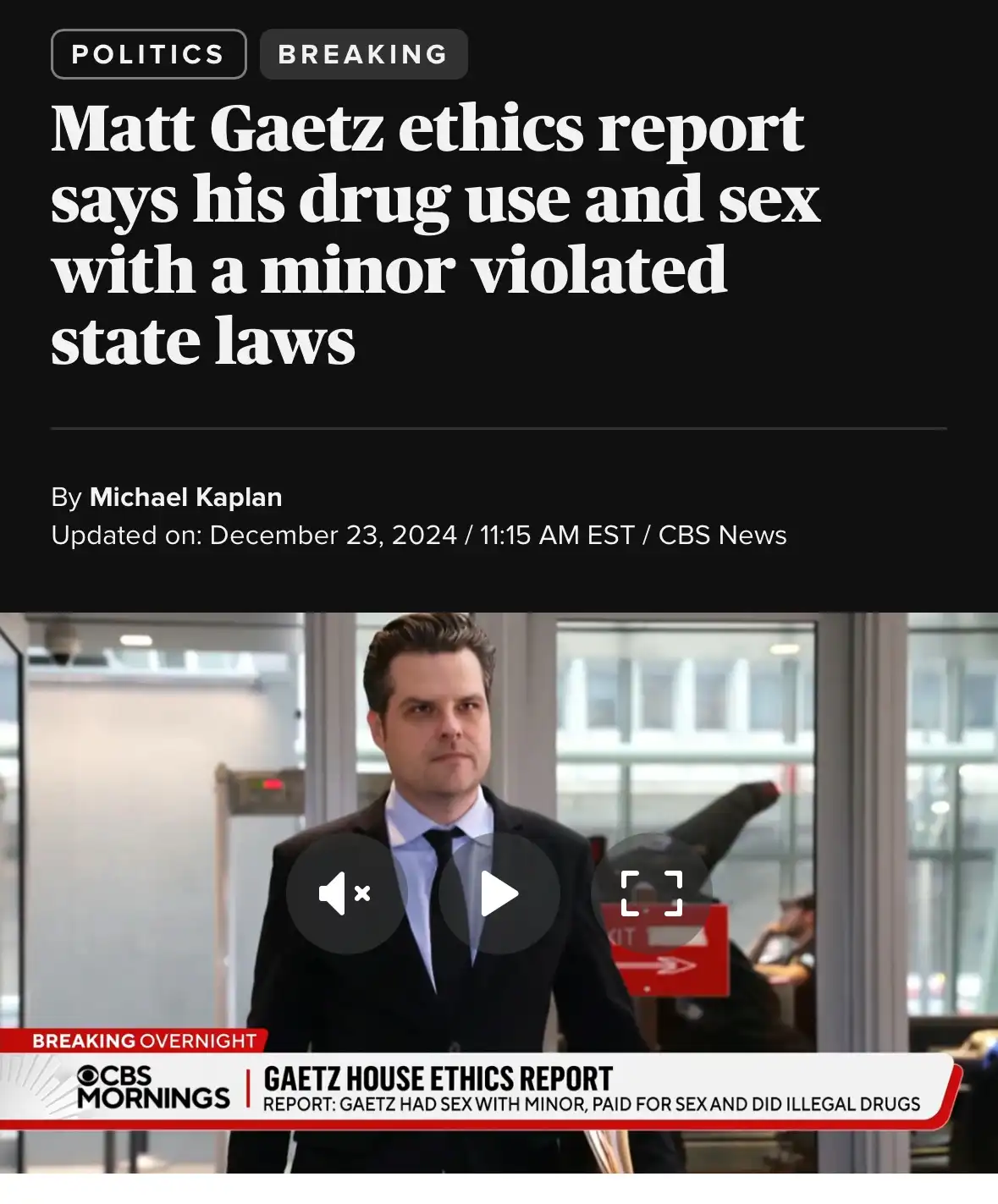 A screenshot of a CBS News article header with 'POLITICS' and 'BREAKING' labels, reporting that Matt Gaetz's ethics report…