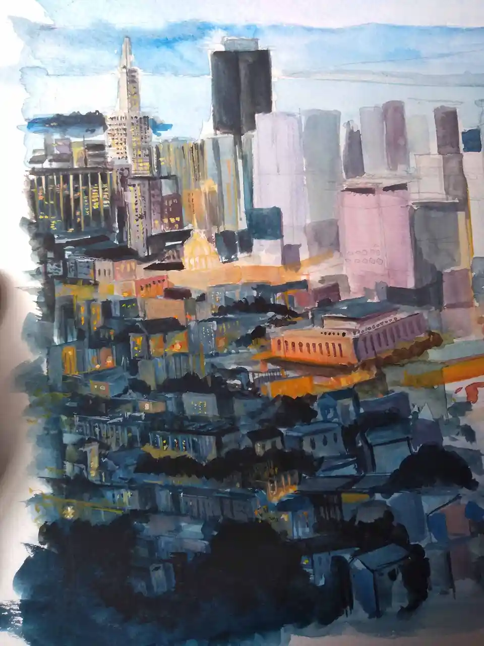 A watercolor painting of a cityscape with tall buildings and lower residential structures, featuring a mix of blue, purple…