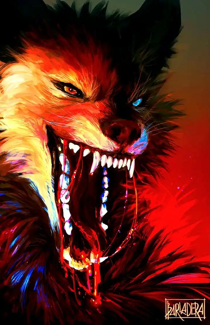 A digitally painted, stylized fox with one red eye and one blue eye, baring sharp teeth and dripping blood from its mouth…