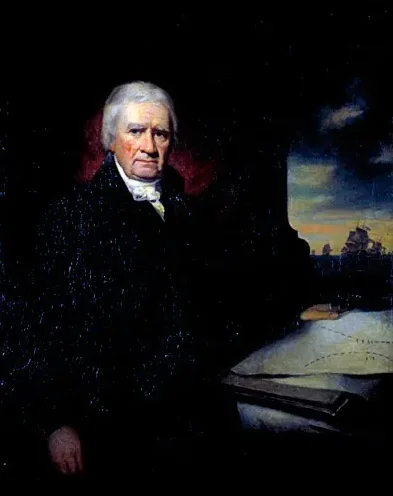 A classical portrait of a stern-looking white-haired man in formal 19th-century attire, standing beside a table with a map…
