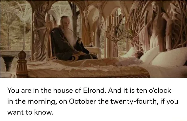 A still from 'The Lord of the Rings' shows Elrond sitting on a bed in his ornate, tree-root decorated bedroom. He is looking…