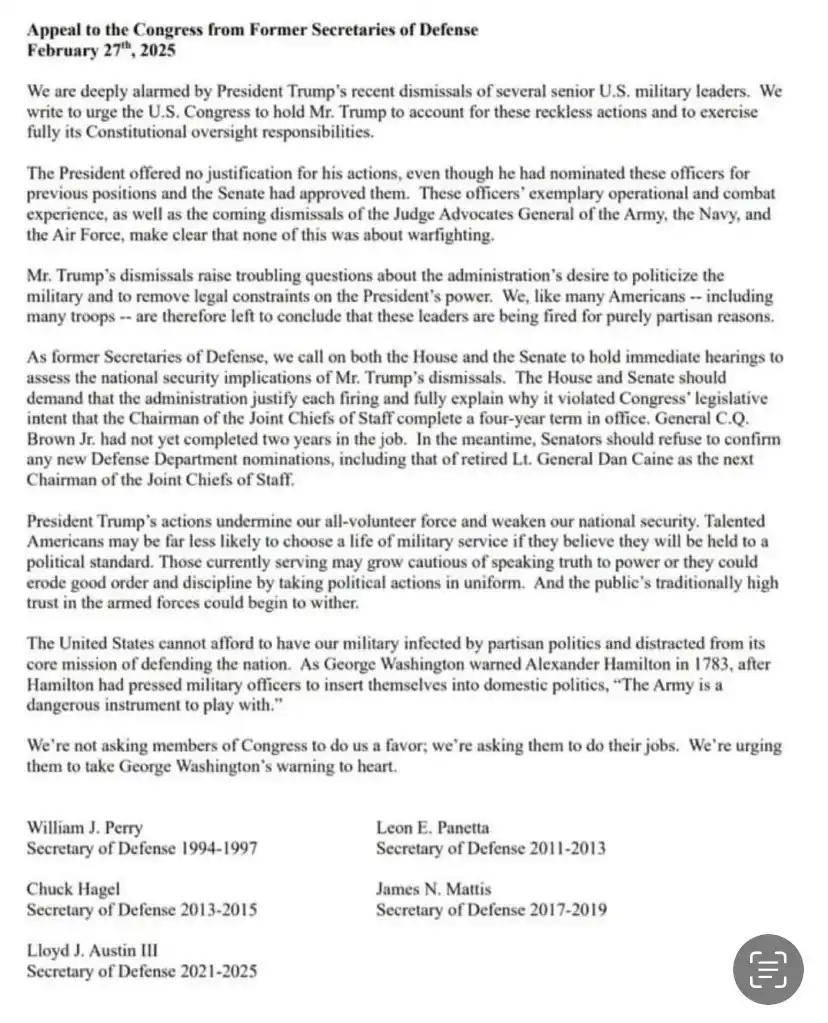A formal letter dated February 27, 2025, signed by former U.S. Secretaries of Defense William J. Perry, Leon E. Panetta…