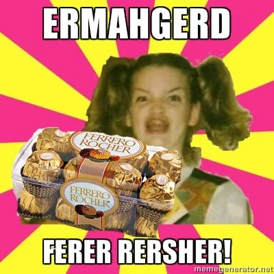 A young girl with pigtails and an angry expression is superimposed over a tray of Ferrero Rocher chocolates. The image has a…