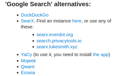 A screenshot of a text list titled 'Google Search' alternatives, listing privacy-focused search engines like DuckDuckGo…