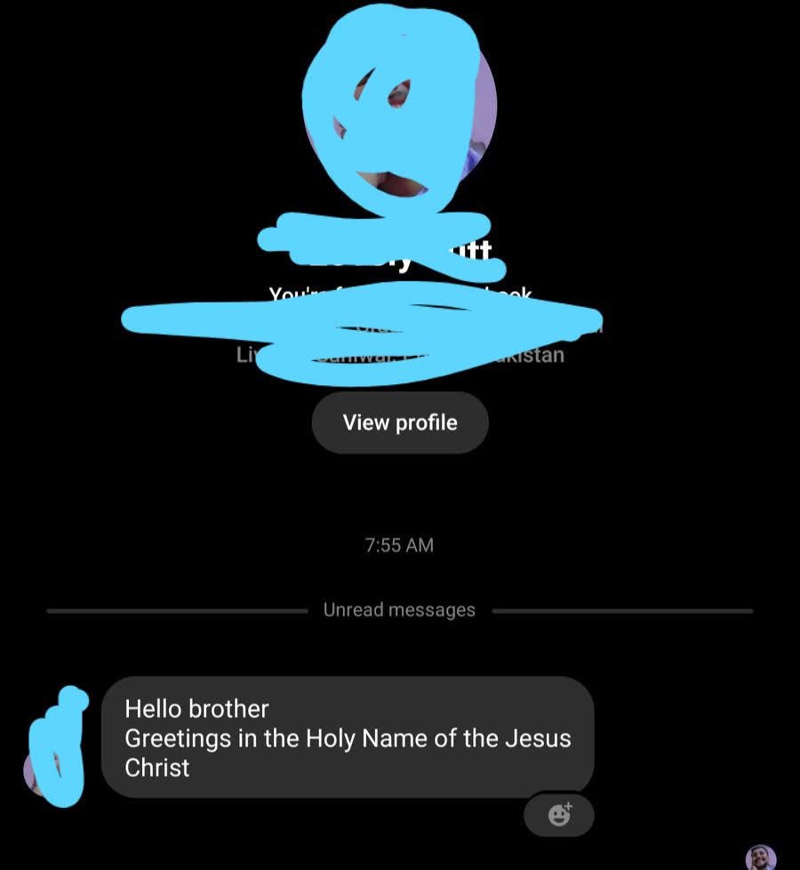 A screenshot of a messaging app shows a profile with a blue scribble obscuring the face and details. Below, a message reads…
