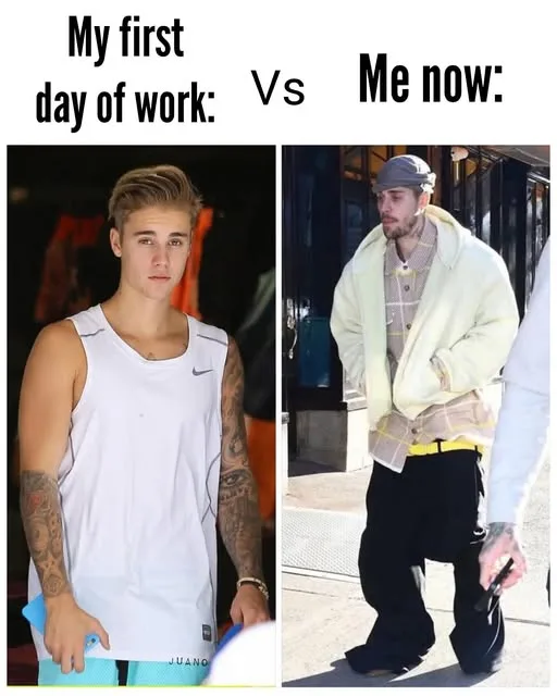 The image is split into two panels. The left panel shows a young Justin Bieber in a white tank top with visible tattoos…