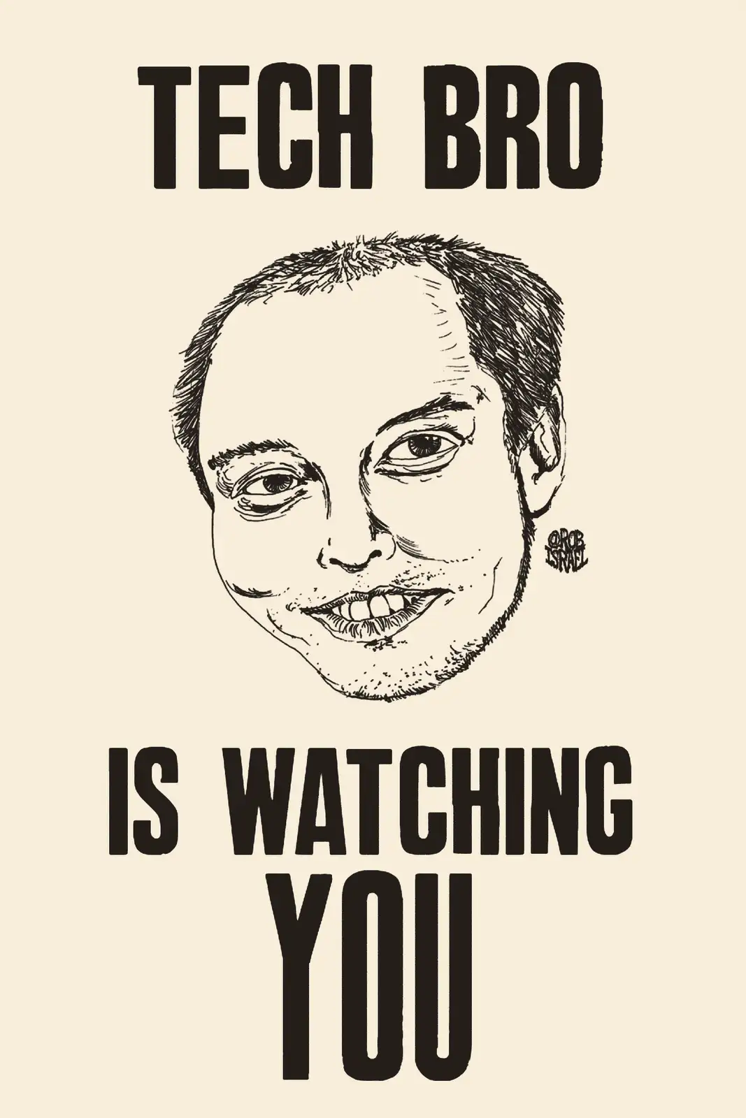 A black-and-white sketch of a man's face with a wide, slightly unsettling grin, set against a beige background. Bold, blocky…