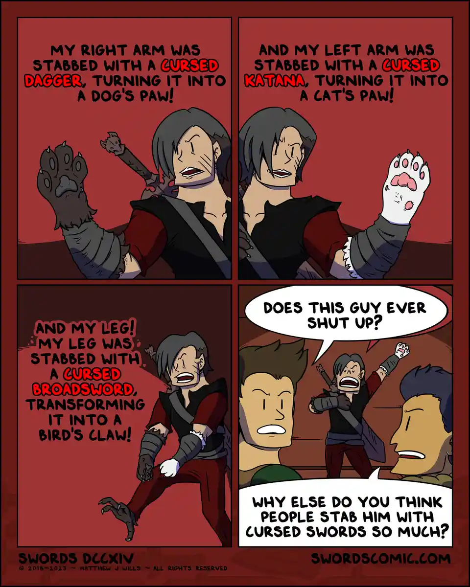 A four-panel comic shows a character with cursed limbs: a dog's paw for a right arm, a cat's paw for a left arm, and a…