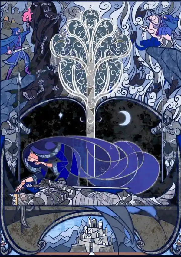 A stylized stained-glass artwork depicts a fantasy scene with a central ornate tree, warriors, and a sleeping figure in blue…