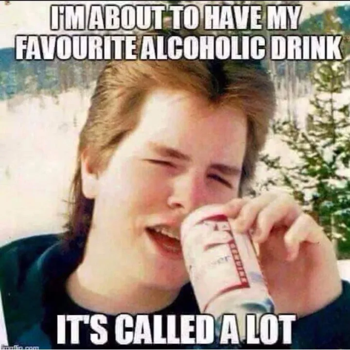 A young man with styled hair, wearing a dark shirt, is shown drinking from a can while winking and smiling. The overlaid…