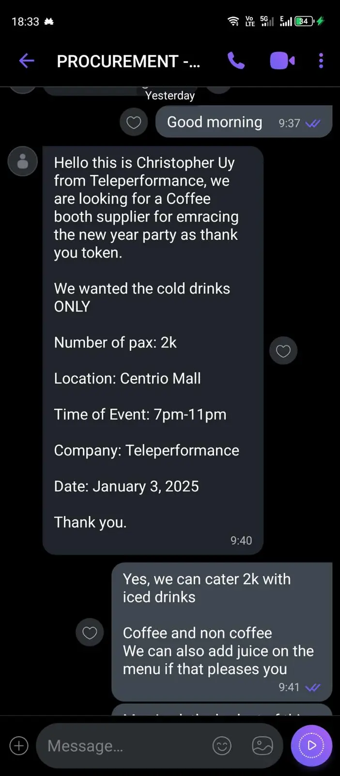 A screenshot of a WhatsApp chat with a 'PROCUREMENT' contact shows a message from Christopher Uy of Teleperformance…
