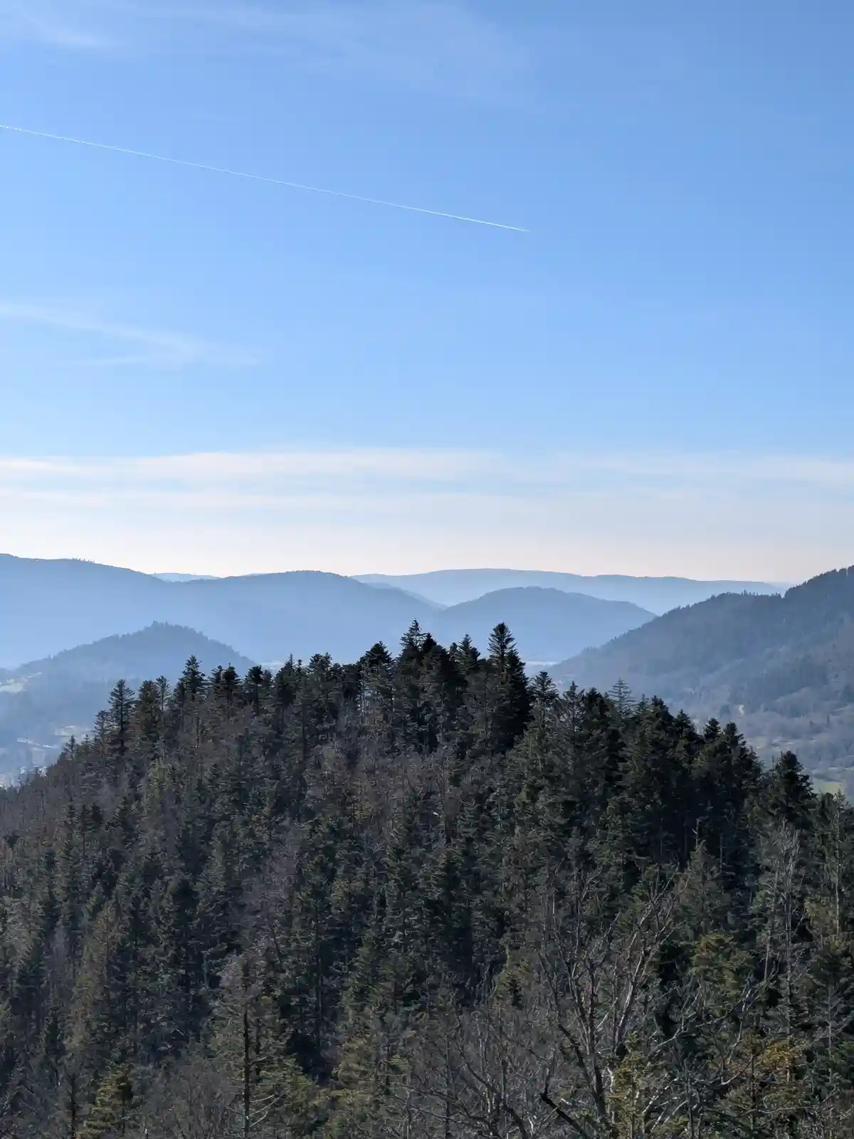 A scenic photograph of rolling forested mountains under a clear blue sky, with a faint airplane contrail visible. Overlaid…