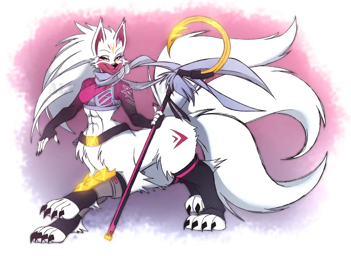 A stylized anthropomorphic white fox with multiple tails, wearing a pink and black outfit with a gold belt and holding a…