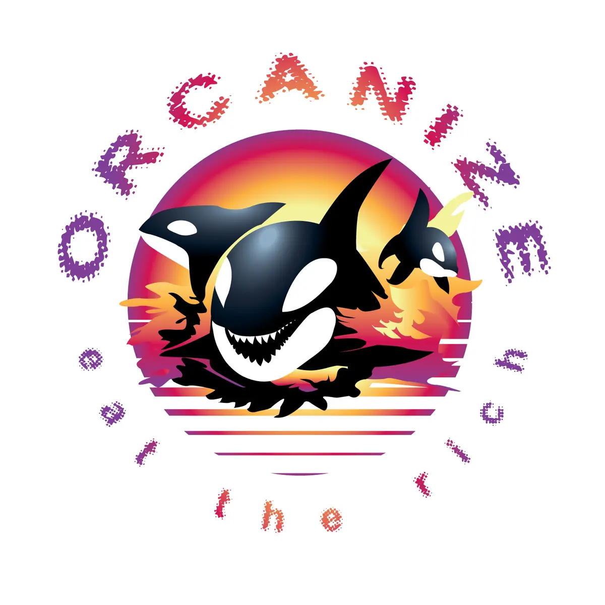 A stylized graphic shows a large, cartoonish orca whale with a wide, toothy grin, set against a vibrant sunset gradient…