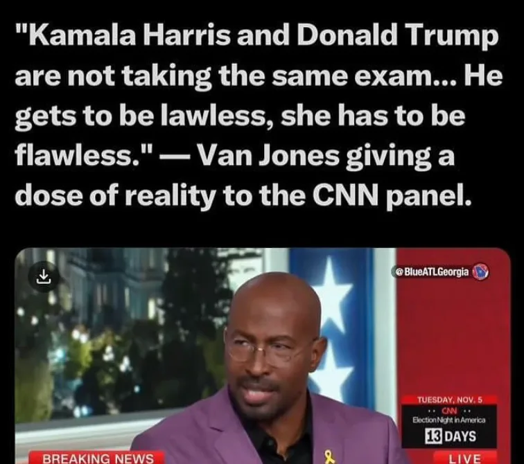 A screenshot of Van Jones on a CNN news broadcast, wearing a purple suit and glasses, with overlaid text quoting him saying…