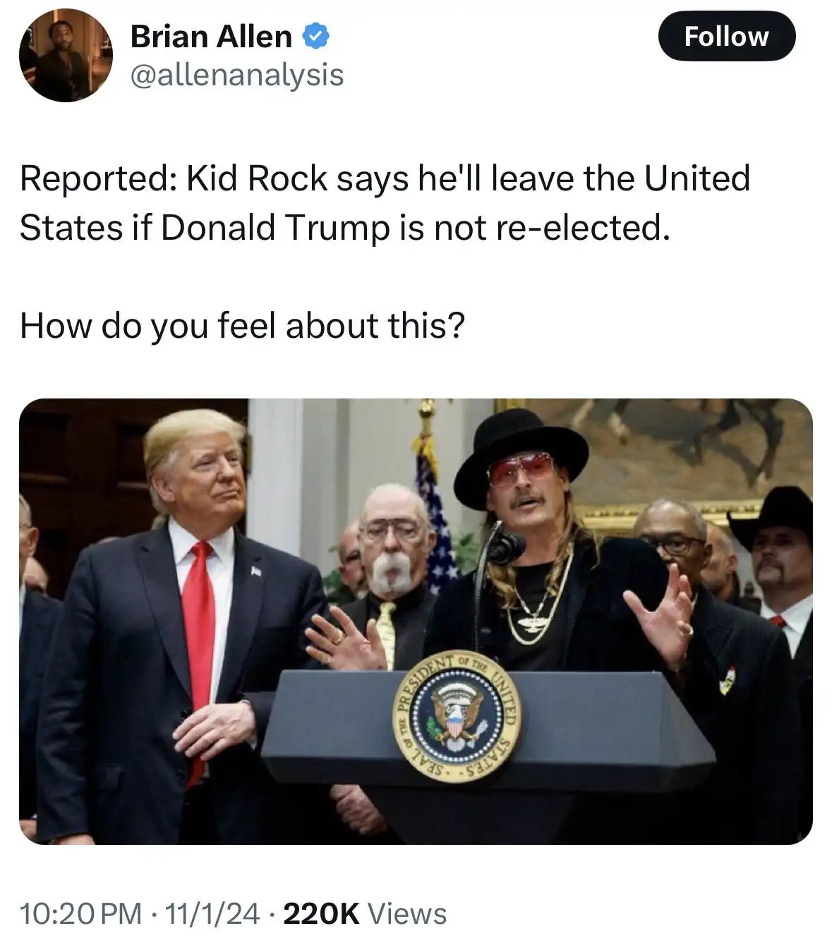 A screenshot of a tweet by Brian Allen showing a photo of Kid Rock speaking at a podium with the Presidential Seal, standing…