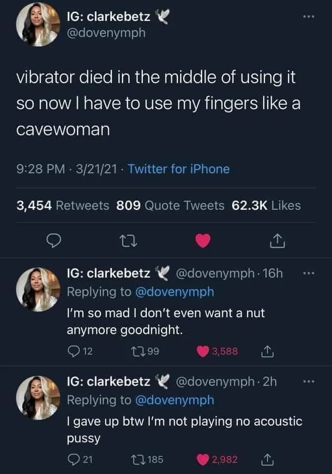 A screenshot of a Twitter thread by user @dovenymph, showing a tweet where the user laments that their vibrator broke during…