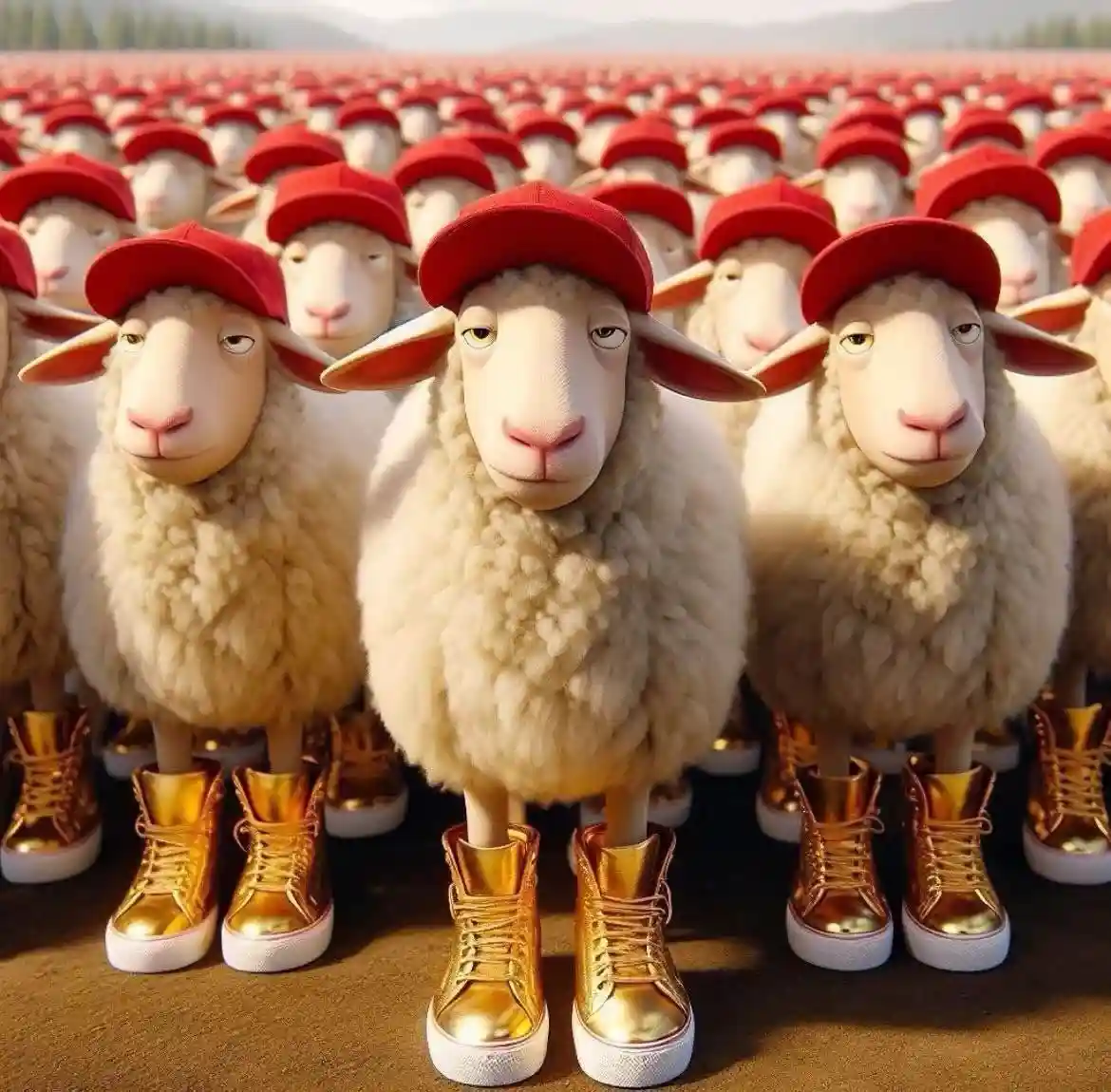 An image shows a large crowd of identical cartoon sheep, all wearing red baseball caps and shiny gold sneakers, standing in…