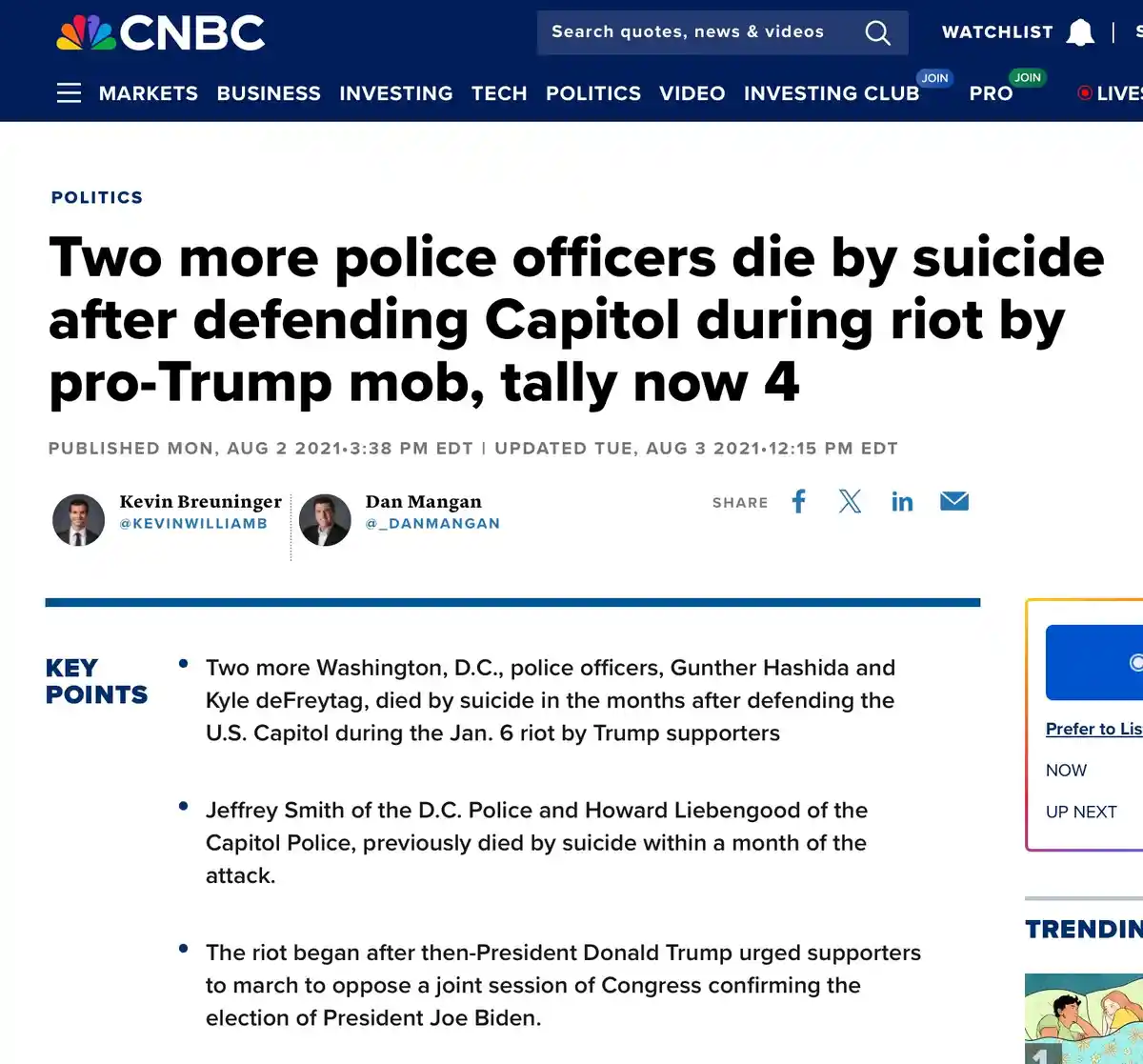 A screenshot of a CNBC news article with the headline 'Two more police officers die by suicide after defending Capitol…