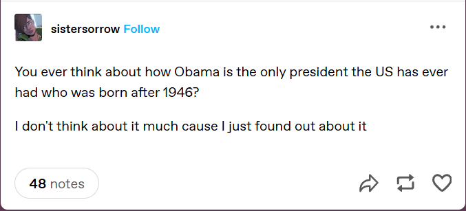A screenshot of a Tumblr post by user 'sistersorrow' showing a text-based meme. The post reads: 'You ever think about how…