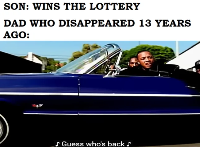 A man in a black hoodie sits in the driver's seat of a blue convertible, looking surprised or excited, with another man in…