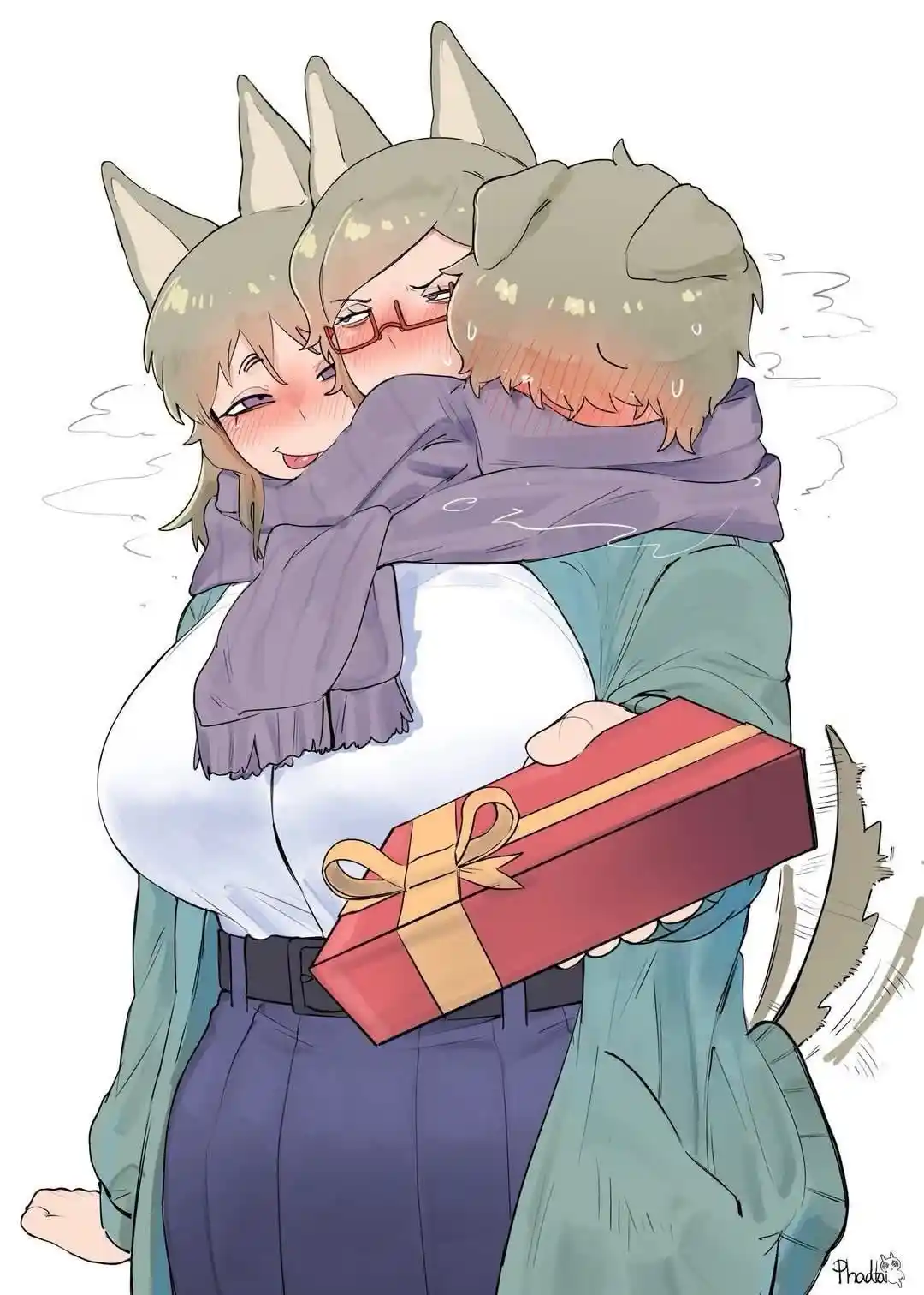 An anime-style illustration shows a girl with wolf ears and a purple scarf hugging a boy from behind while holding a red…