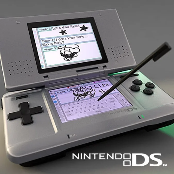 A Nintendo DS console shows a drawing game where Player 3 initiates drawing Mario, but Player 1 is confused and asks who…