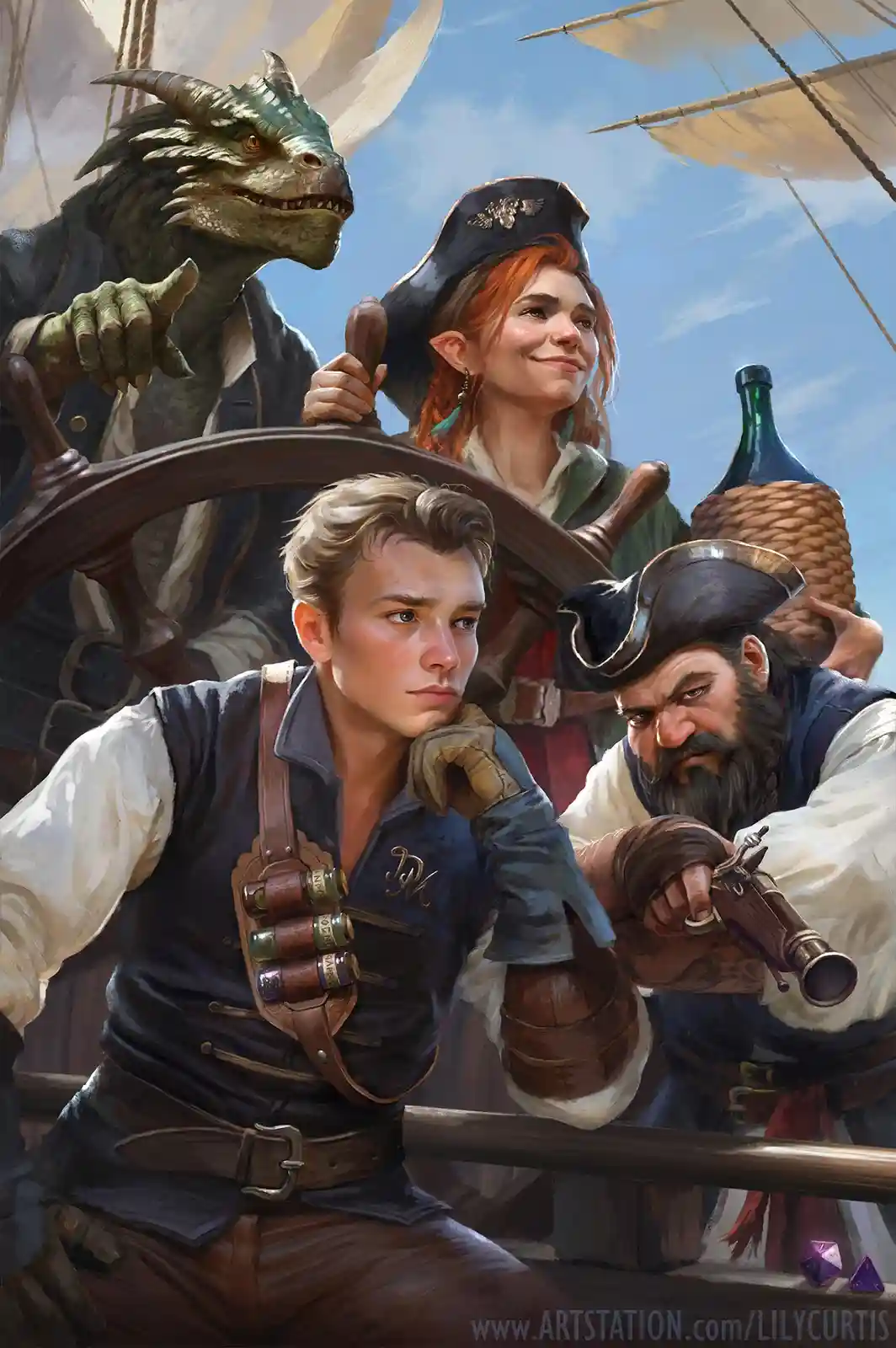 A fantasy illustration shows four adventurers on a ship's deck: a dragon, a smiling elf woman at the helm, a bearded pirate…