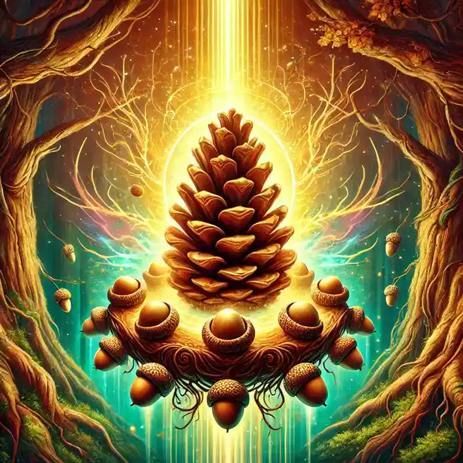 A large, detailed pinecone sits at the center of a mystical forest scene, glowing with golden light and surrounded by acorns…