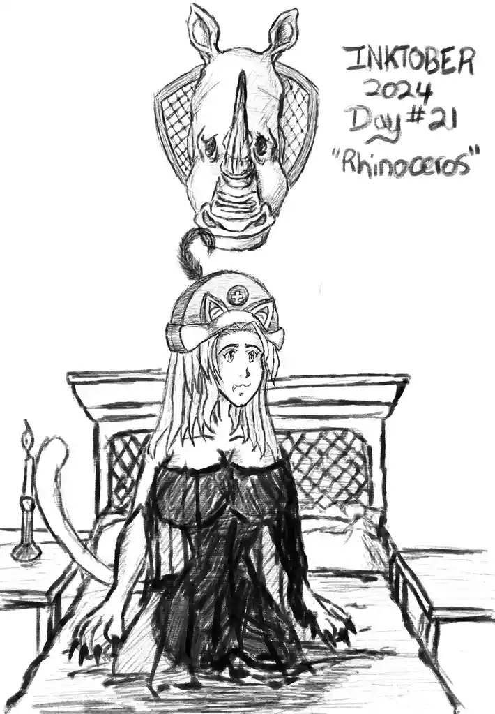A black-and-white sketch shows a humanoid figure with long hair, wearing a nurse's cap with cat ears and a dark dress…