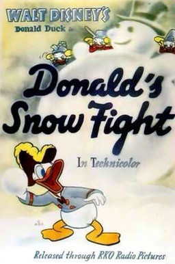 A vintage movie poster for 'Donald's Snow Fight,' featuring Donald Duck in a snowy scene with snowmen and flying snowballs…