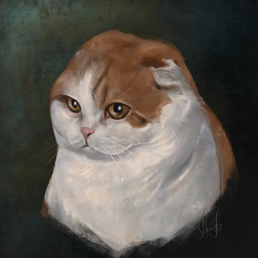 A digital painting of a fluffy, white and ginger cat with a very serious, unimpressed expression, set against a dark…