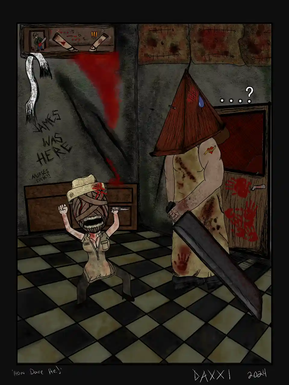 A cartoonish horror scene shows a bloodied nurse with a bandaged head and a knife, screaming defiantly at a towering…