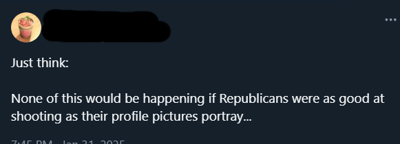 A screenshot of a dark-themed social media post with a blurred profile picture and username. The visible text reads 'Just…