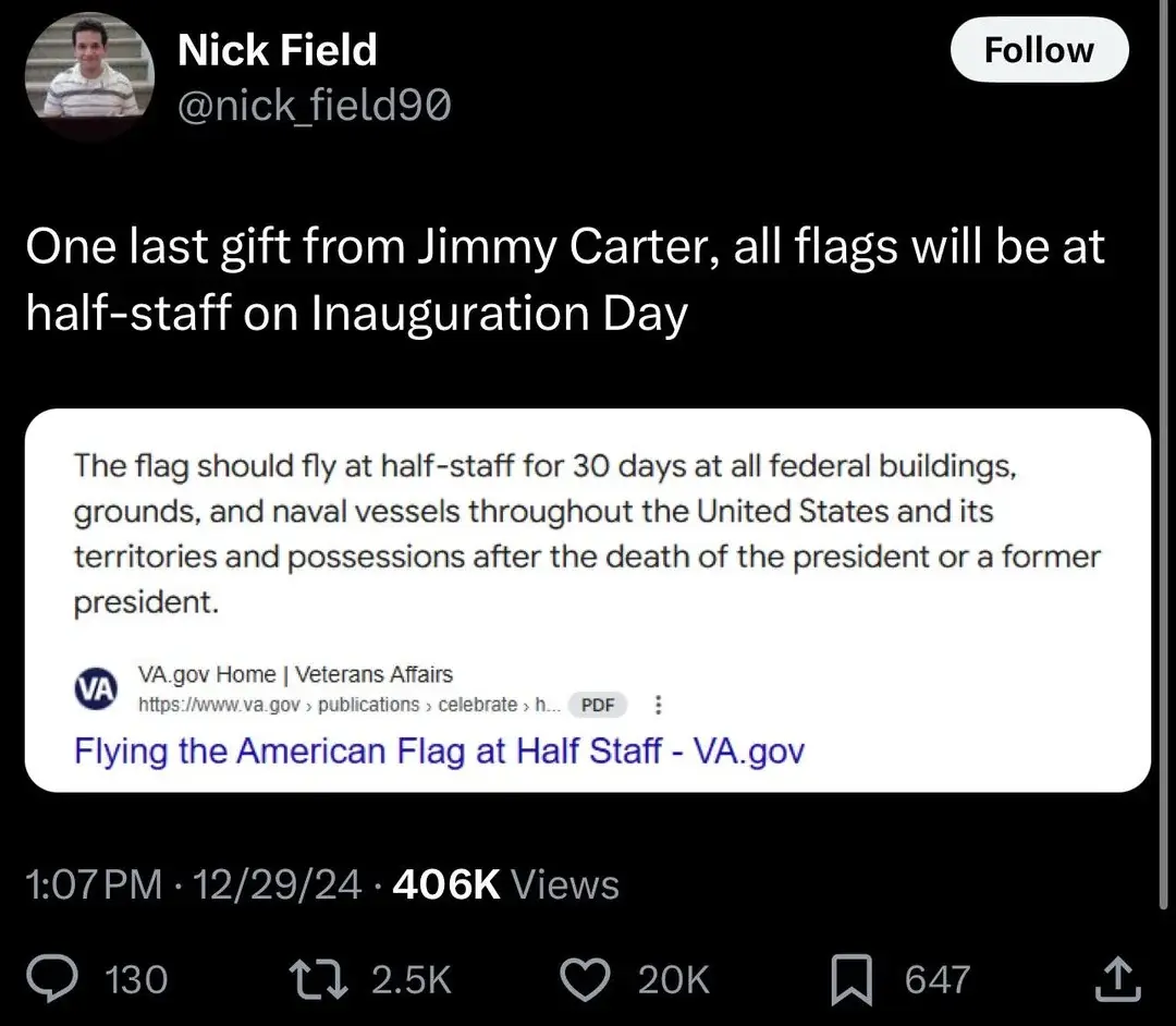 A screenshot of a tweet by Nick Field (@nick_field90) showing a VA.gov webpage that states flags should fly at half-staff…