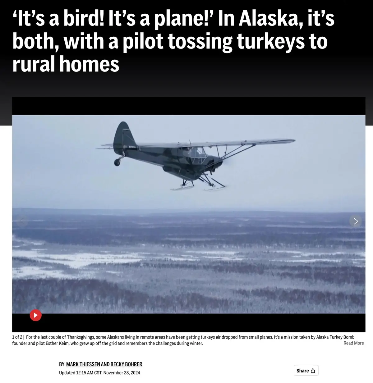 A small, dark-colored single-engine plane with skis flies low over a snowy, forested Alaskan landscape. The overlaid text…