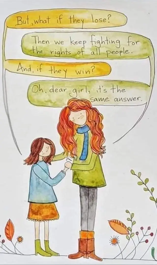 A watercolor illustration shows a young girl holding hands with a taller woman, likely her mother. Speech bubbles above them…