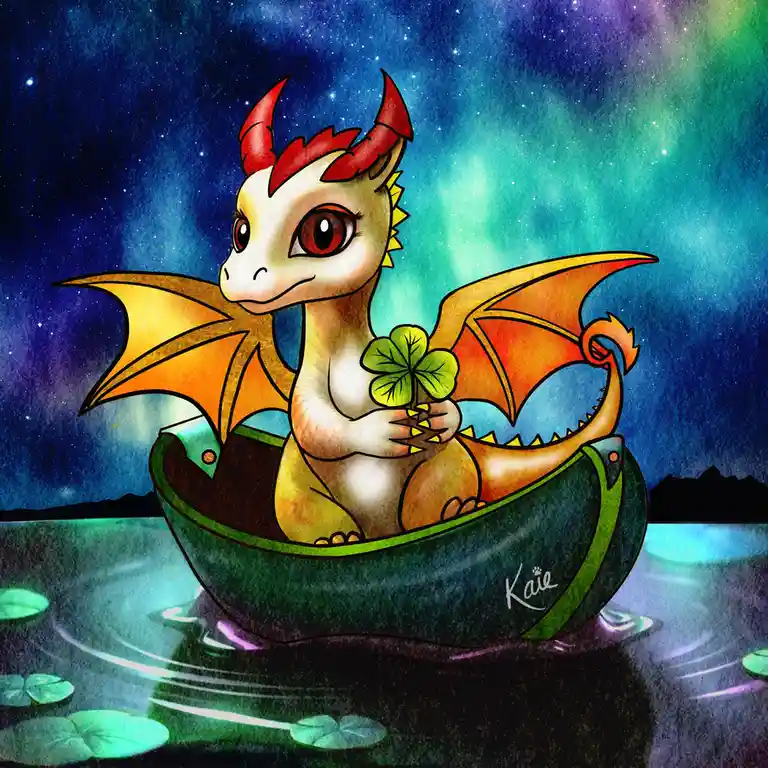 A cute, cartoon-style baby dragon with red horns and orange wings sits in a green canoe on a starry night lake, holding a…