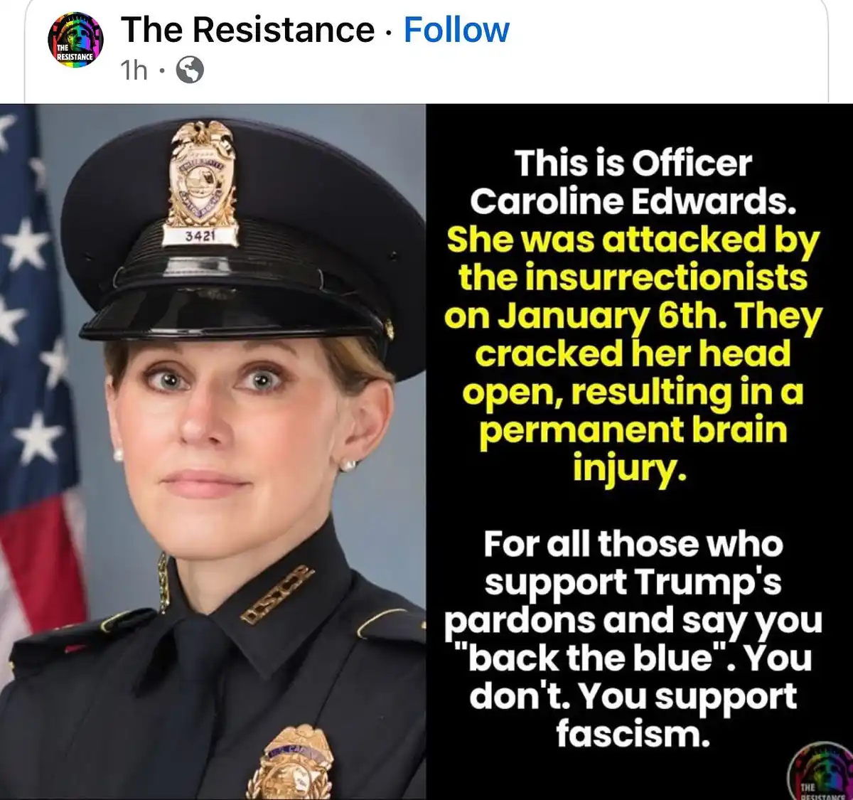 A police officer's official portrait is shown next to text describing her being attacked on January 6th, resulting in a…