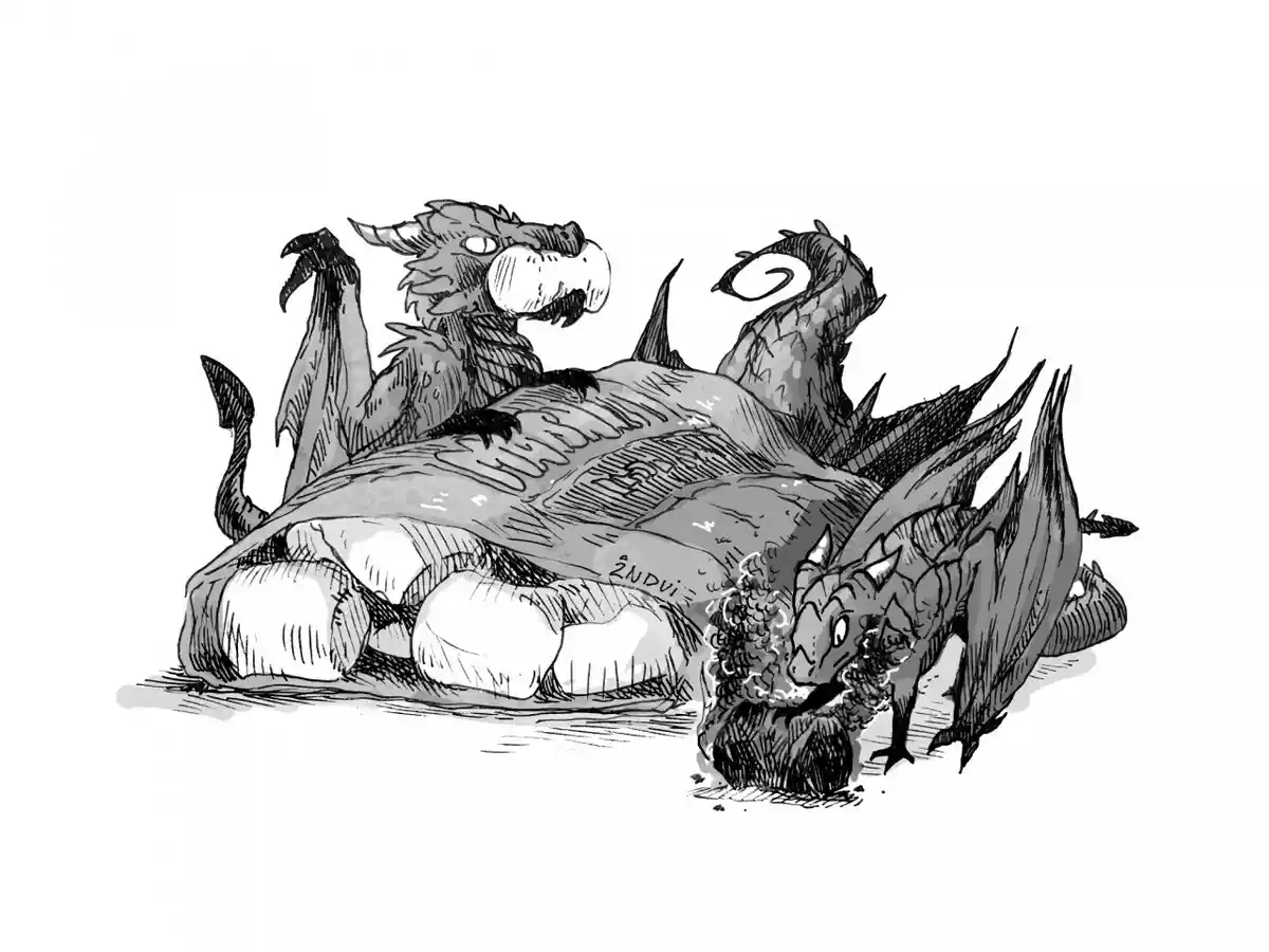 A black-and-white sketch shows a large, sleeping dragon with its eyes closed, lying on a pile of rocks. A smaller, awake…