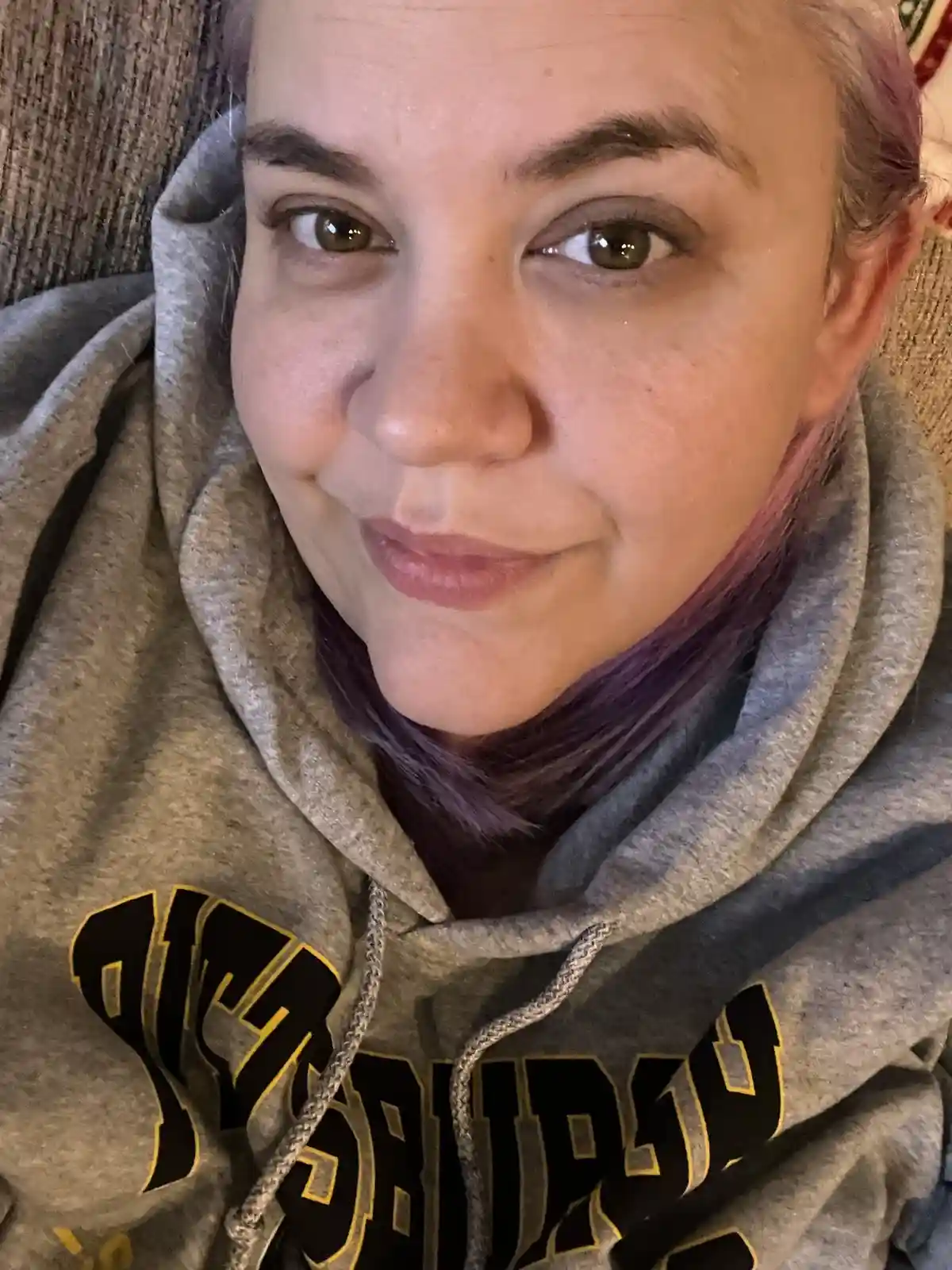 A close-up selfie of a person with purple hair wearing a grey hoodie with 'PITTSBURGH' in black and yellow lettering…
