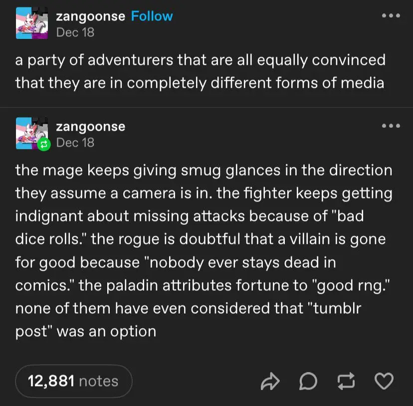 This image is a screenshot of a Tumblr post by user 'zangoonse' featuring two text entries. The first describes a party of…