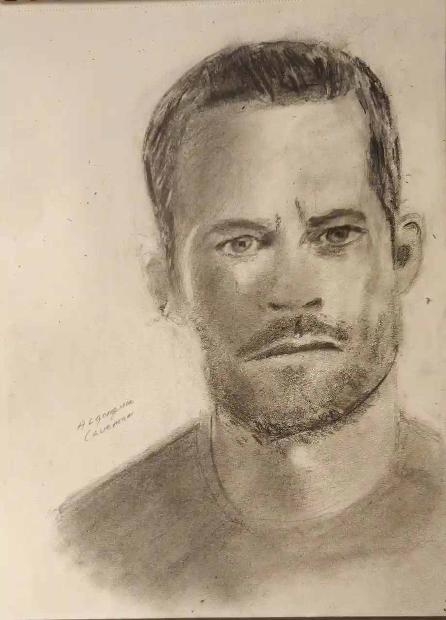 A charcoal sketch of a man with a mustache and serious expression, signed 'Algonquin Caveman' in the lower-left corner. The…