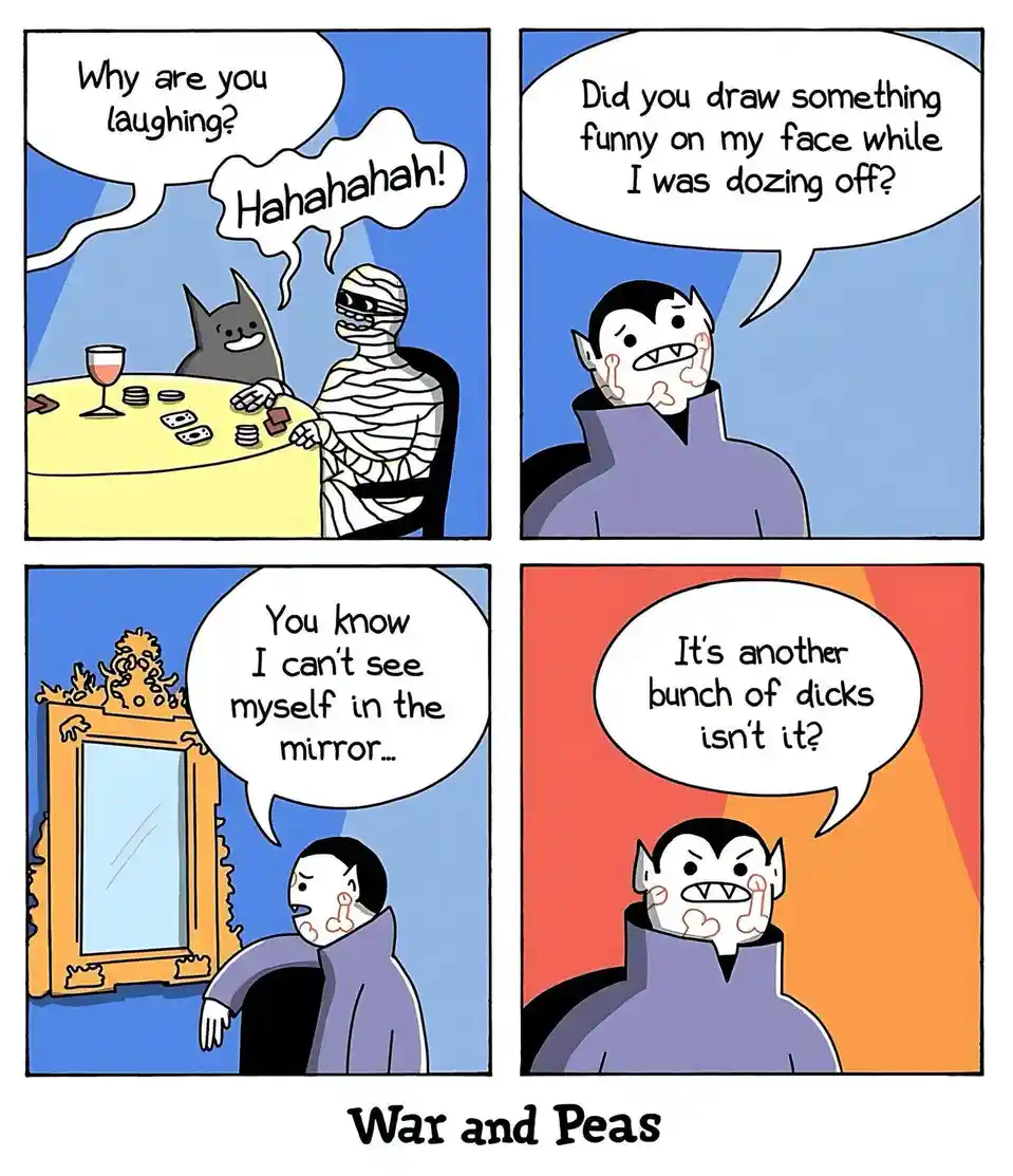 A four-panel comic strip featuring a mummy and a vampire. The mummy laughs while playing cards with a cat, prompting the…