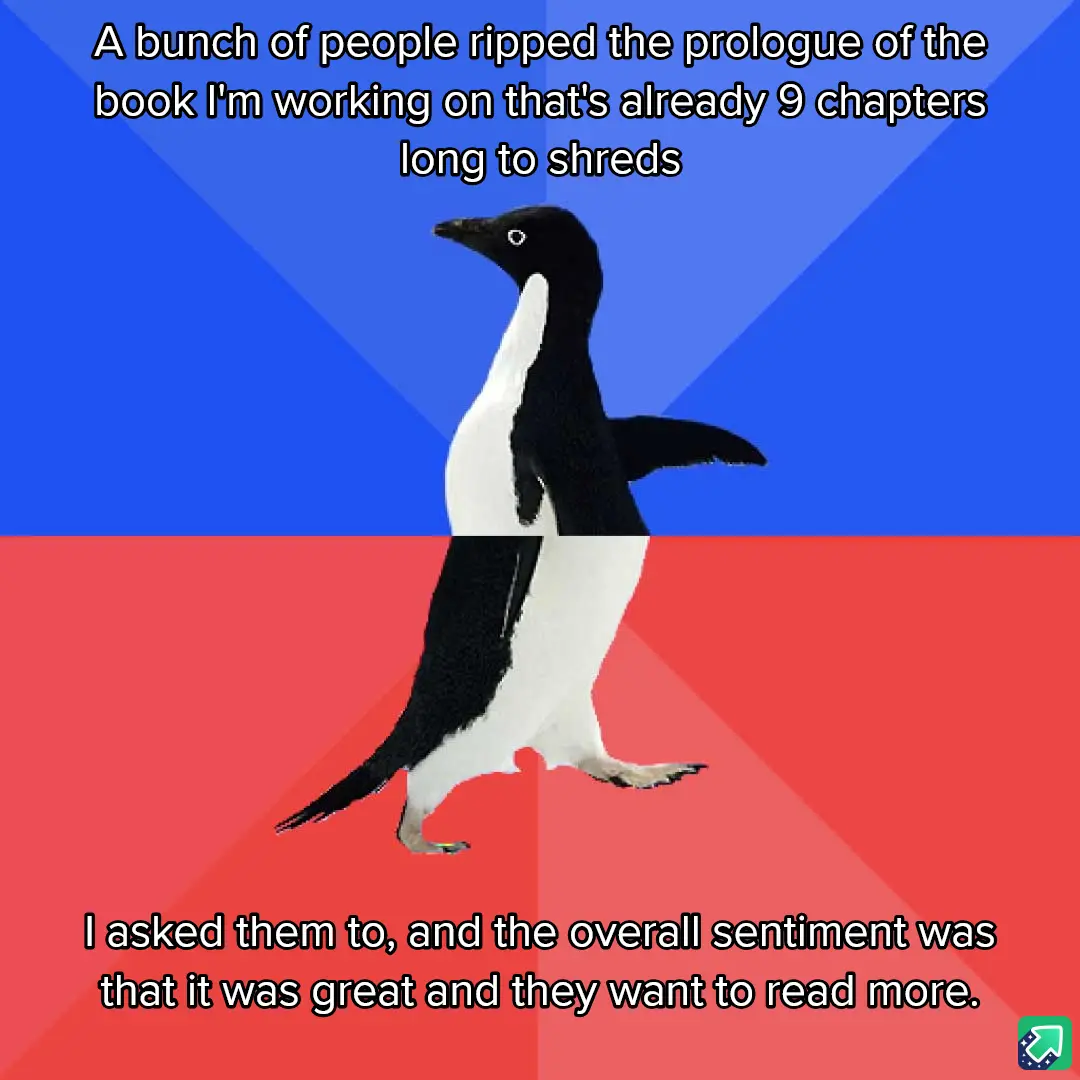 A penguin stands centered against a blue and red background, with text overlaid in two sections. The top text reads 'A bunch…