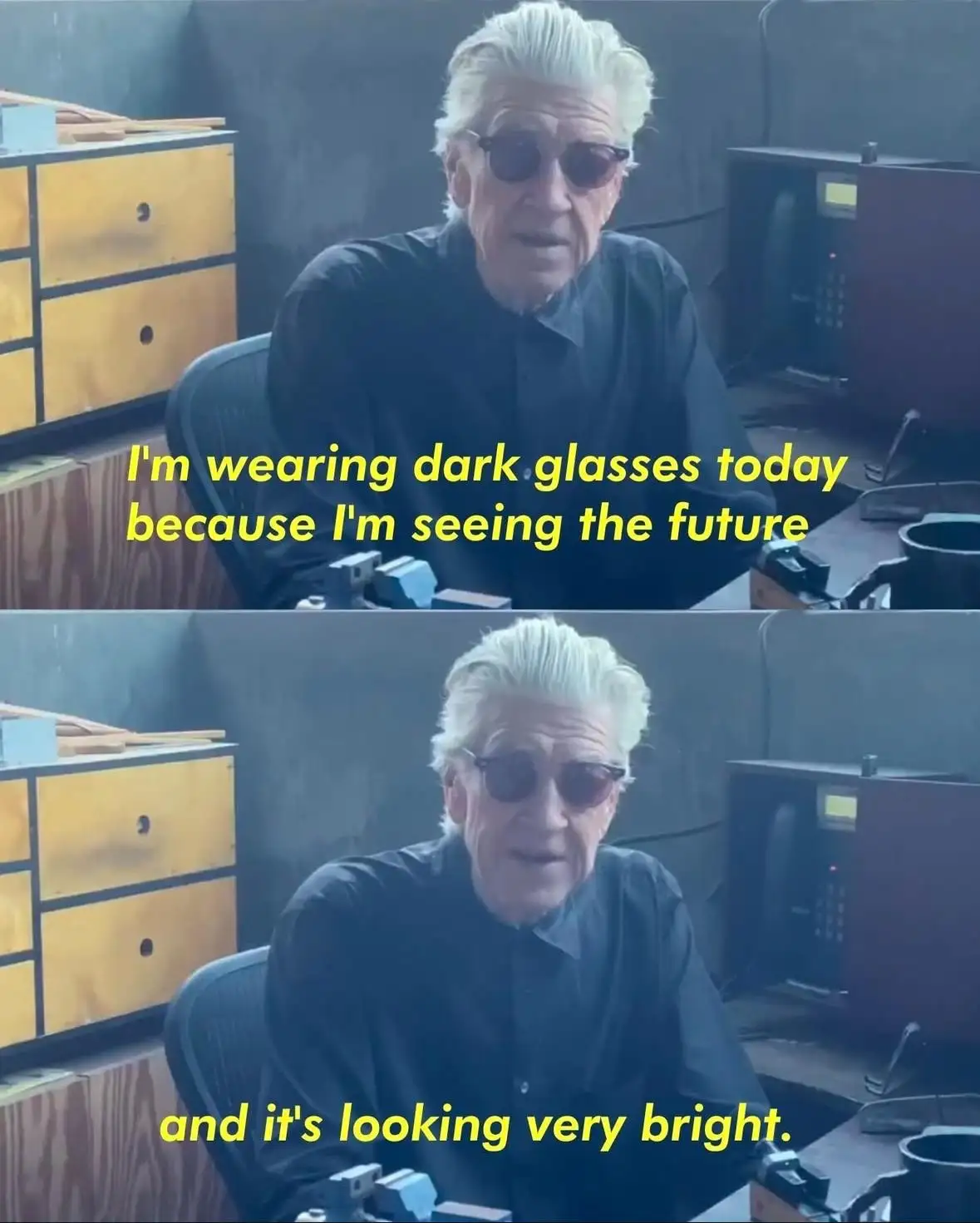 The image shows a split-screen of an older man with white hair and dark sunglasses, seated in what appears to be a workshop…
