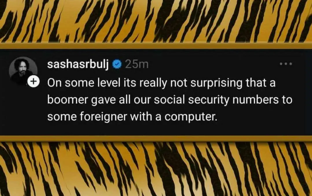 A screenshot of a social media post by user 'sashasrbulj' with a black background and white text, overlaid on a…