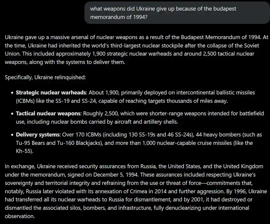 A screenshot of a text-based answer detailing Ukraine's nuclear disarmament after the 1994 Budapest Memorandum, listing…