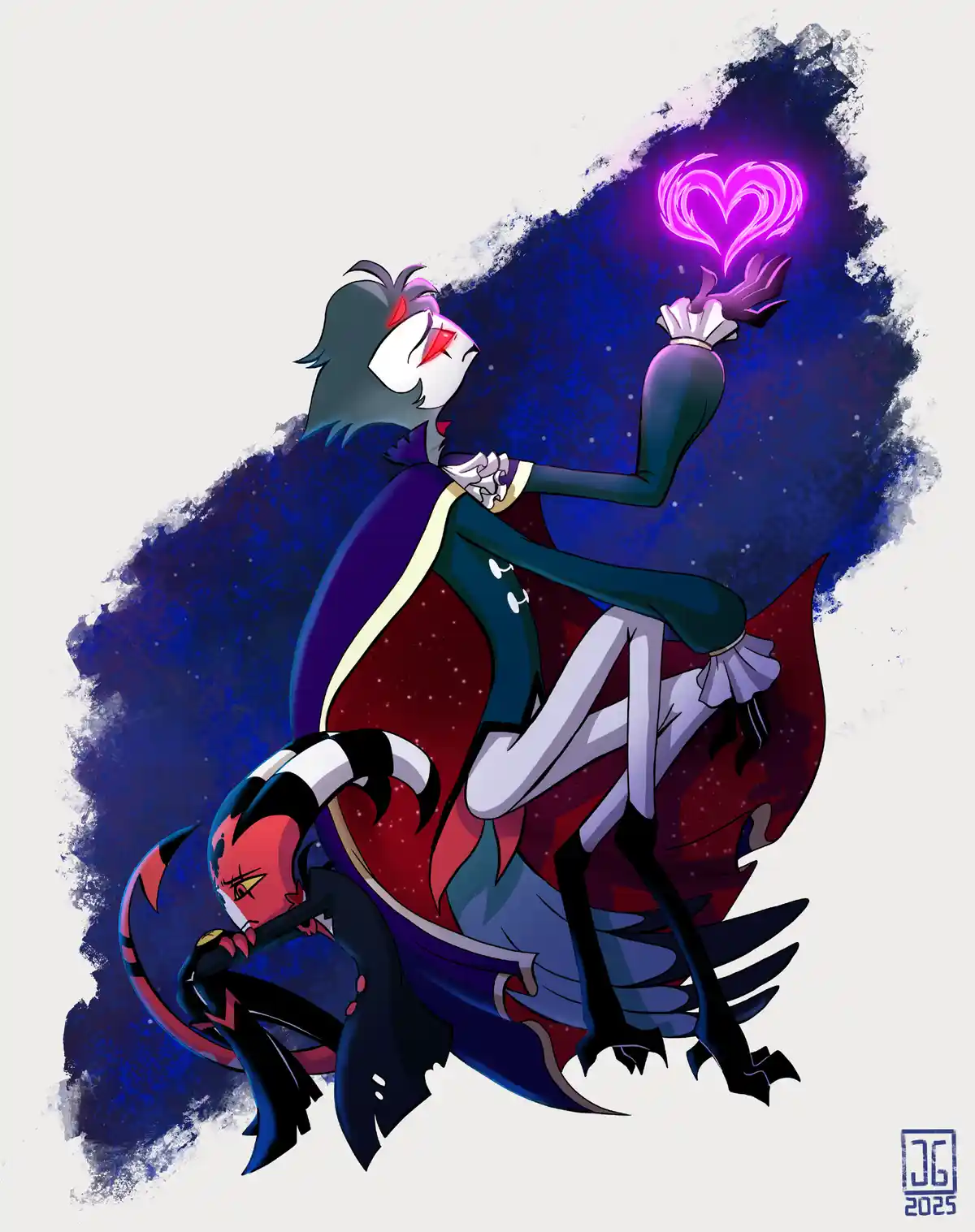 An anime-style illustration shows two characters from 'Helluva Boss'. One character, St. Nick, is seated and holding up a…
