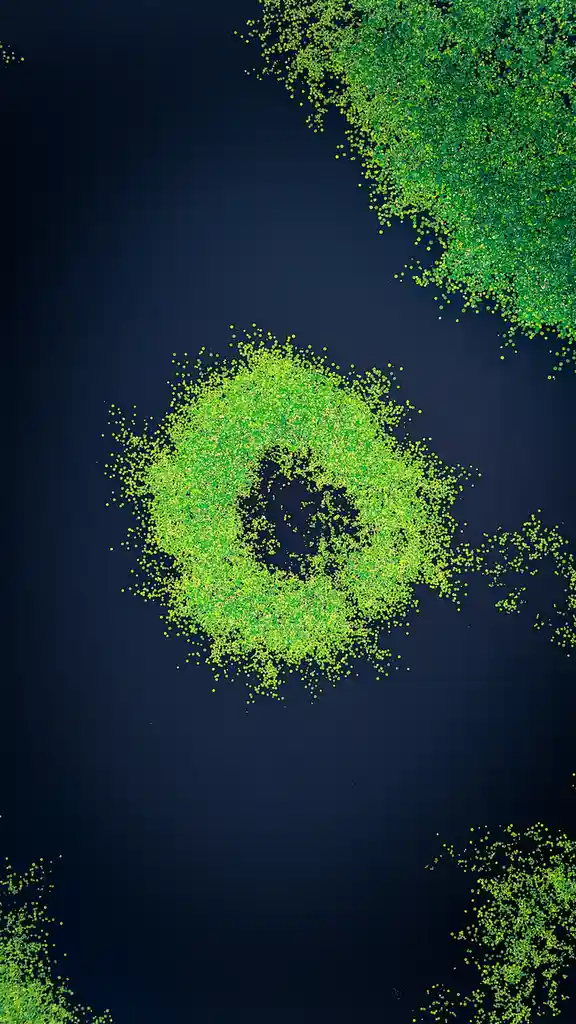An aerial view of bright green, circular patches of algae floating on dark water, with the text 'i'm not a fan of the new…